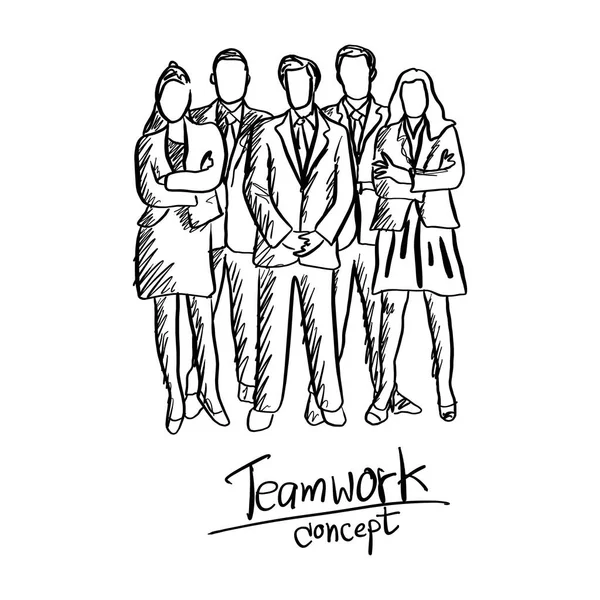 Doodle equipo de cinco personas de negocios en traje formal de pie vector ilustración boceto dibujado a mano con líneas negras aisladas sobre fondo blanco — Archivo Imágenes Vectoriales