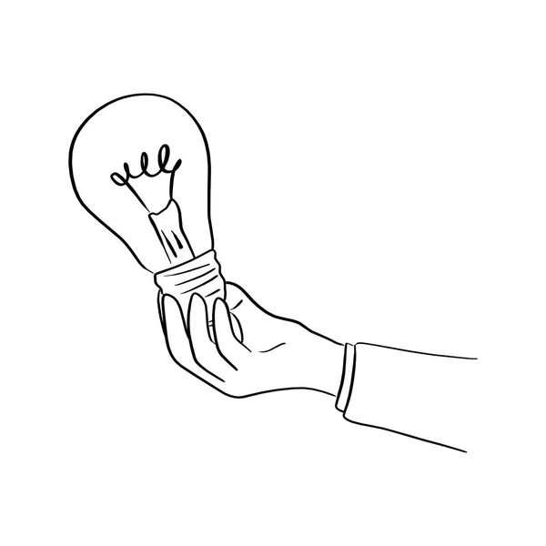 Mano de empresario sosteniendo bombilla vector de luz ilustración bosquejo mano dibujada con líneas negras aisladas sobre fondo blanco — Vector de stock