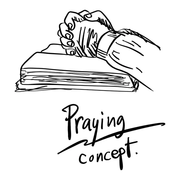 Γκρο πλαν χέρι προσεύχεται στην Αγία Γραφή διανυσματικά εικονογράφηση σκίτσο χέρι με μαύρες γραμμές που απομονώνονται σε λευκό φόντο — Διανυσματικό Αρχείο