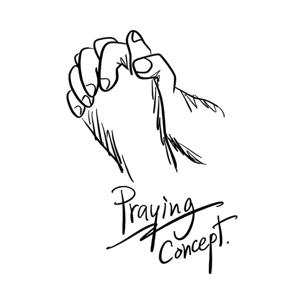 在白色背景上被隔绝的黑色线画的闭合的手祈祷的向量例证素描手 — 图库矢量图片
