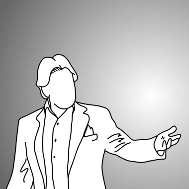 bir şey sunmak işadamı illüstrasyon doodle kroki elle izole gri arka plan üzerinde siyah çizgilerle çizilmiş vektör. İş kavramı. 