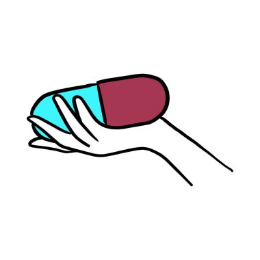 Beyaz arka plan üzerinde izole siyah çizgilerle çizilmiş büyük kapsül vektör illüstrasyon kroki elini tutarak el