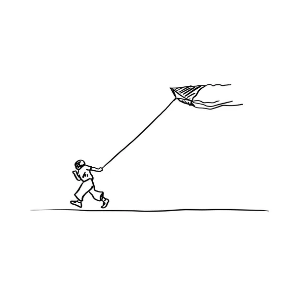 Pojke som kör med en kite vektor illustration skiss hand dras med svarta linjer isolerad på vit bakgrund — Stock vektor
