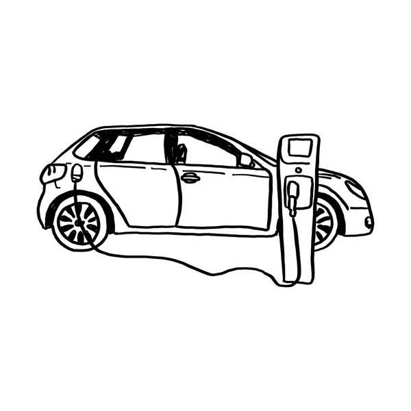 Elektryczny samochód wektor ilustracja szkic ręcznie rysowane z czarne linie na białym tle — Wektor stockowy