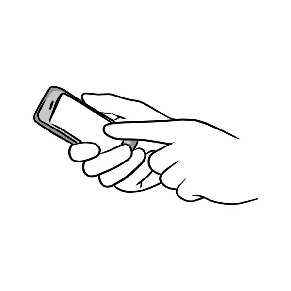 Ręka biznesmen naciskając ekran telefon komórkowy wektor ilustracja szkic ręcznie rysowane z czarne linie na białym tle — Wektor stockowy