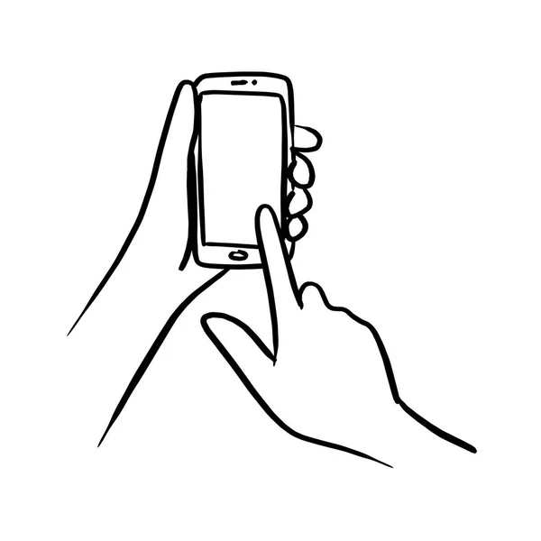 Mão close-up usando smartphone vetor ilustração esboço mão desenhada com linhas pretas isoladas no fundo branco —  Vetores de Stock