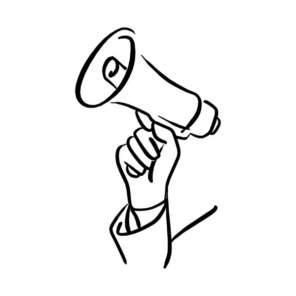 Рука бизнесмена, держащего мегафон вектор иллюстрации набросок руки, нарисованный с черными линиями, изолированными на белом фоне — стоковый вектор
