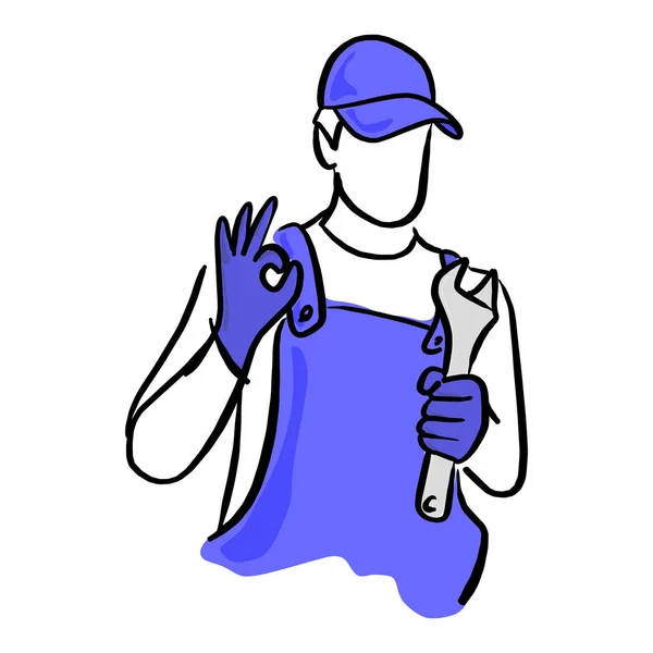 Auto serviço ou reparador com a chave vetor ilustração esboço mão desenhada com linhas pretas isoladas no fundo branco —  Vetores de Stock