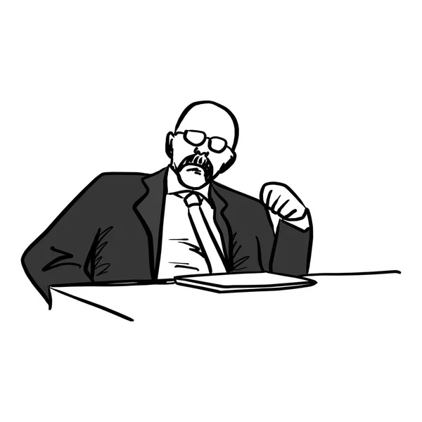 Careca gerente mostrando seu punho vetor ilustração esboço mão desenhada com linhas pretas isolado no fundo branco — Vetor de Stock