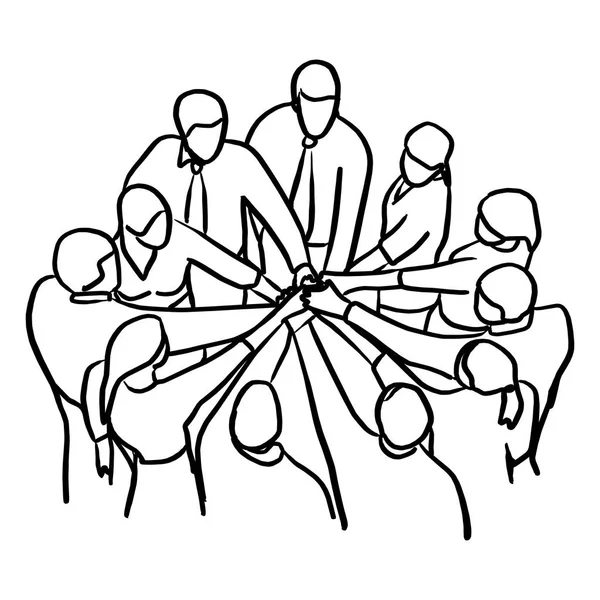 Командная работа деловых людей объединяет векторную иллюстрацию рук, нарисованную черными линиями на белом фоне. Концепция партнерства . — стоковый вектор
