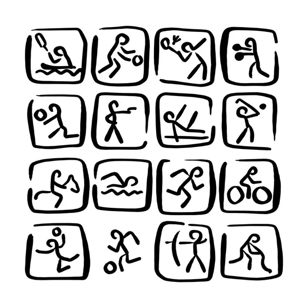 Set doodle sport icons vector ilustración boceto dibujado a mano con líneas negras aisladas sobre fondo blanco — Vector de stock