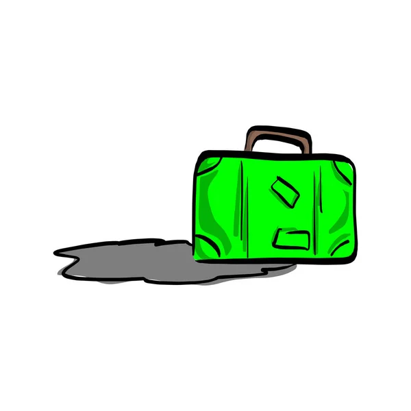 Зеленая сумка для путешествий с теневым векторным рисунком, нарисованная черными линиями на белом фоне — стоковый вектор