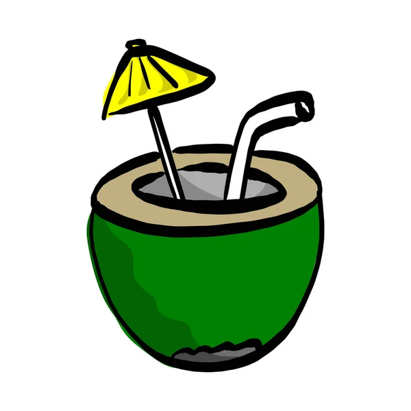 Cocktail de noix de coco vert exotique avec petite illustration vectorielle parapluie jaune dessinée à la main avec des lignes noires isolées sur fond blanc — Image vectorielle