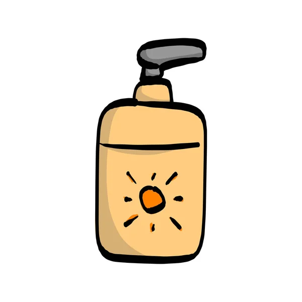 泵瓶中的防晒乳液在白色背景下用黑色线条绘制的手绘草图手图 — 图库矢量图片