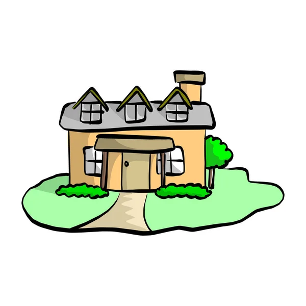 Maison de dessin plat coloré avec dessin vectoriel de jardin dessiné à la main avec des lignes noires isolées sur fond blanc — Image vectorielle