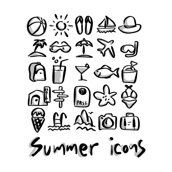 Iconos de verano con ilustración vectorial sombra bosquejo dibujado a mano con líneas negras aisladas sobre fondo blanco — Archivo Imágenes Vectoriales