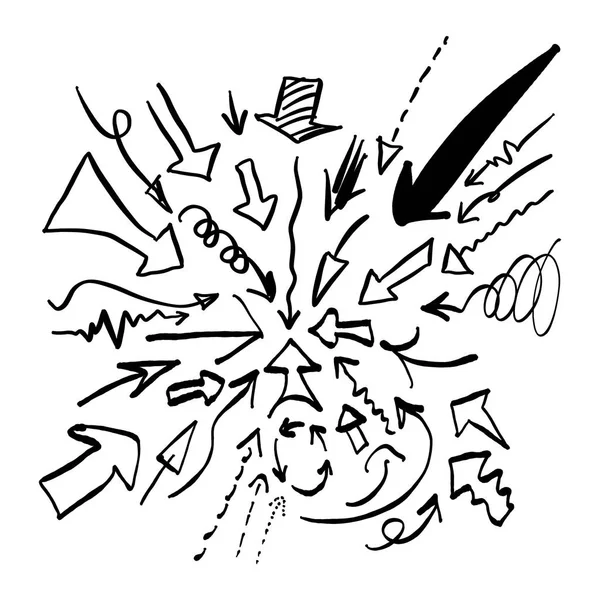 Doodle flèche ensemble vectoriel illustration croquis à la main dessiné avec des lignes noires isolées sur fond blanc — Image vectorielle