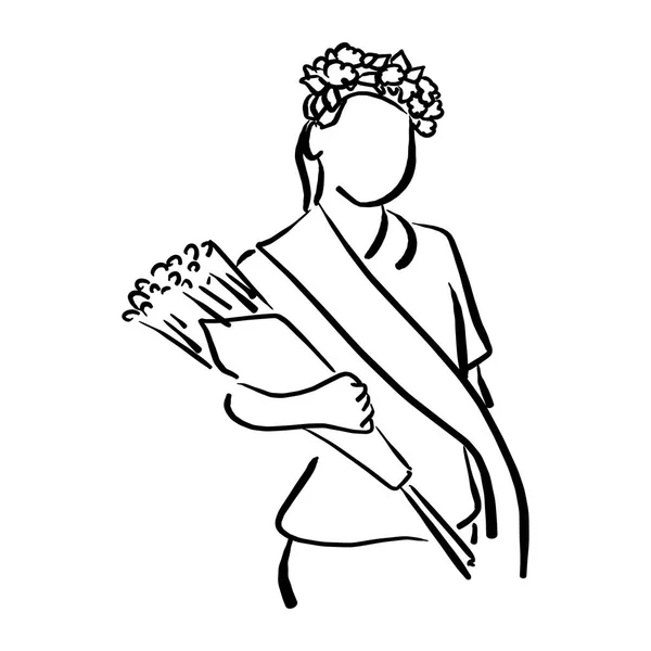 Niña con corona de flores y marco celebración ramo vector ilustración bosquejo mano dibujado con líneas negras aisladas sobre fondo blanco — Vector de stock