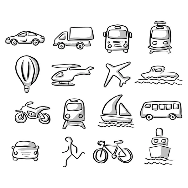 Icons of transportation set with gray shadow vector illustration sketch hand drawn with black lines isolated on white background — Stock Vector