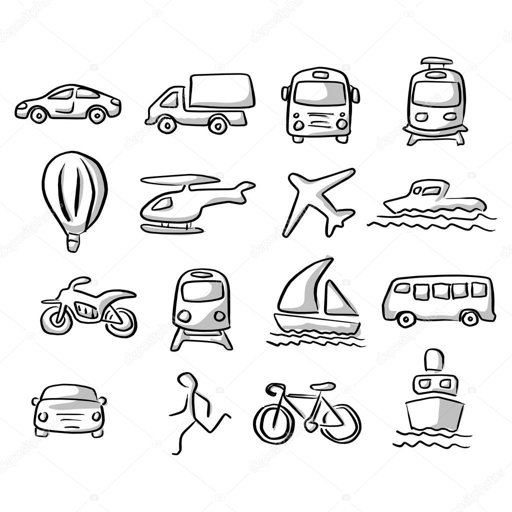 icons of transportation set with gray shadow vector illustration sketch hand drawn with black lines isolated on white background