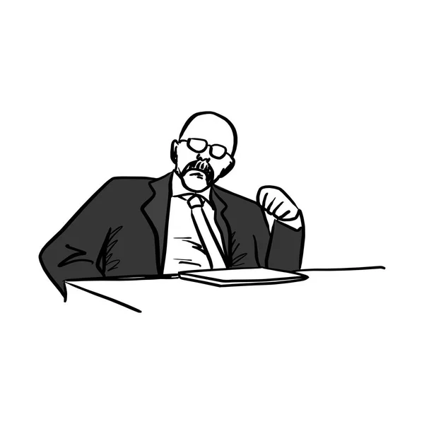 Eski kel işadamı veya onun Resepsiyon vektör illüstrasyon kroki elle izole beyaz arka plan üzerinde siyah çizgilerle çizilmiş oturan Yöneticisi — Stok Vektör