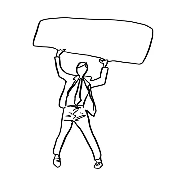 Homme d'affaires doodle tenant signe blanc sur sa tête dessin vectoriel illustration à la main dessiné avec des lignes noires isolées sur fond blanc — Image vectorielle