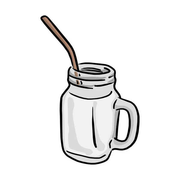 Verre de lait avec dessin vectoriel en paille dessiné à la main avec des lignes noires isolées sur fond blanc — Image vectorielle