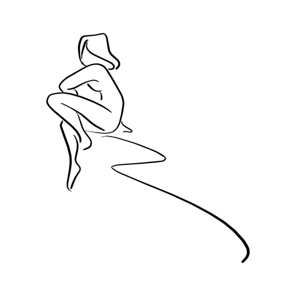Naakte vrouw zittend op copyspace vector illustratie schets hand getekend met zwarte lijnen geïsoleerd op witte achtergrond — Stockvector