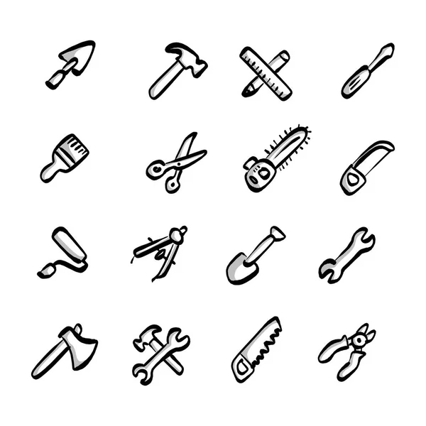 Ferramentas de construção ícones conjunto com sombra vetor ilustração esboço mão desenhada com linhas pretas isolado no fundo branco — Vetor de Stock