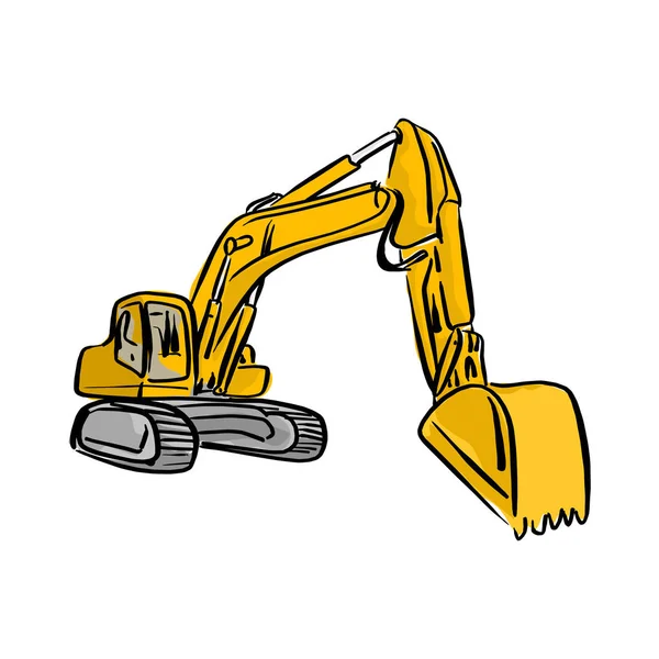 Illustrazione vettoriale giallo anteriore Hoe Loader escavatore schizzo disegnato a mano con linee nere isolate su sfondo bianco — Vettoriale Stock