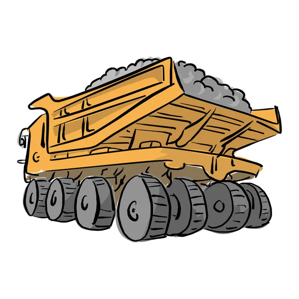 Loaded big yellow mining truck vector illustration sketch hand drawn with black lines isolated on white background — Stock Vector