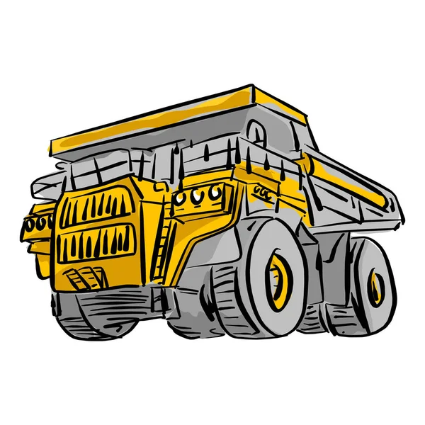Vooraanzicht van grote gele mijnbouw vrachtwagen vector illustratie schets hand getekend met zwarte lijnen geïsoleerd op witte achtergrond — Stockvector