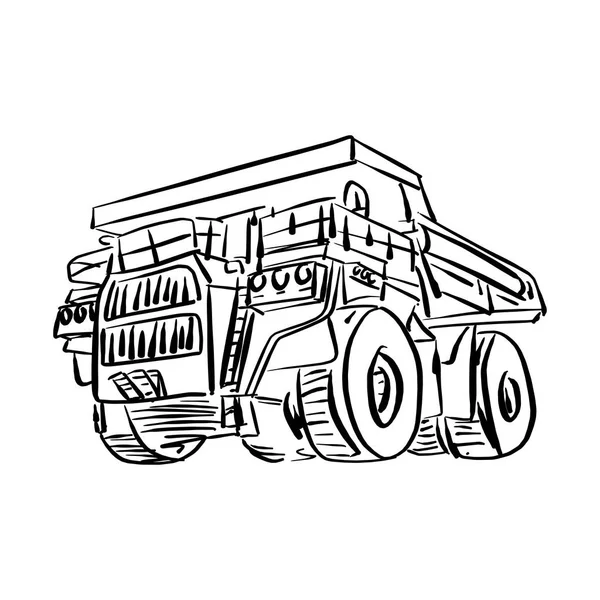 Doodle contorno vista frontal de gran minería camión vector ilustración boceto dibujado a mano con líneas negras aisladas sobre fondo blanco — Archivo Imágenes Vectoriales