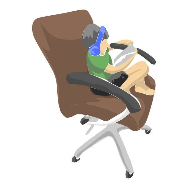 Boy playing tablet on big office chair with colors vector illustration sketch hand drawn isolated on white background. Water color style. — Stock Vector