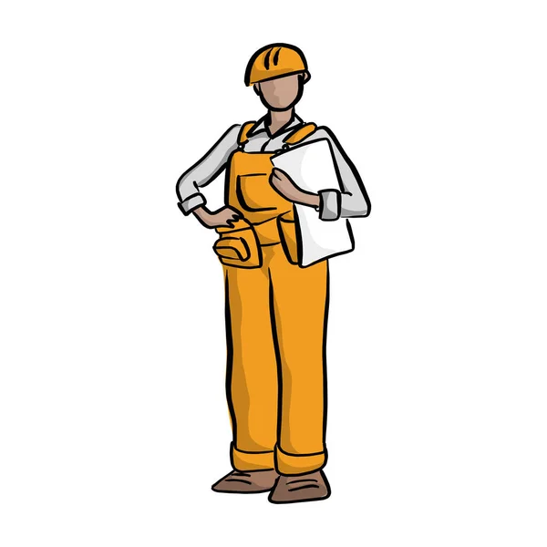 Mujer trabajador de la construcción sosteniendo dibujos de proyectos ilustración vectorial bosquejo dibujado a mano con líneas negras aisladas sobre fondo blanco — Vector de stock