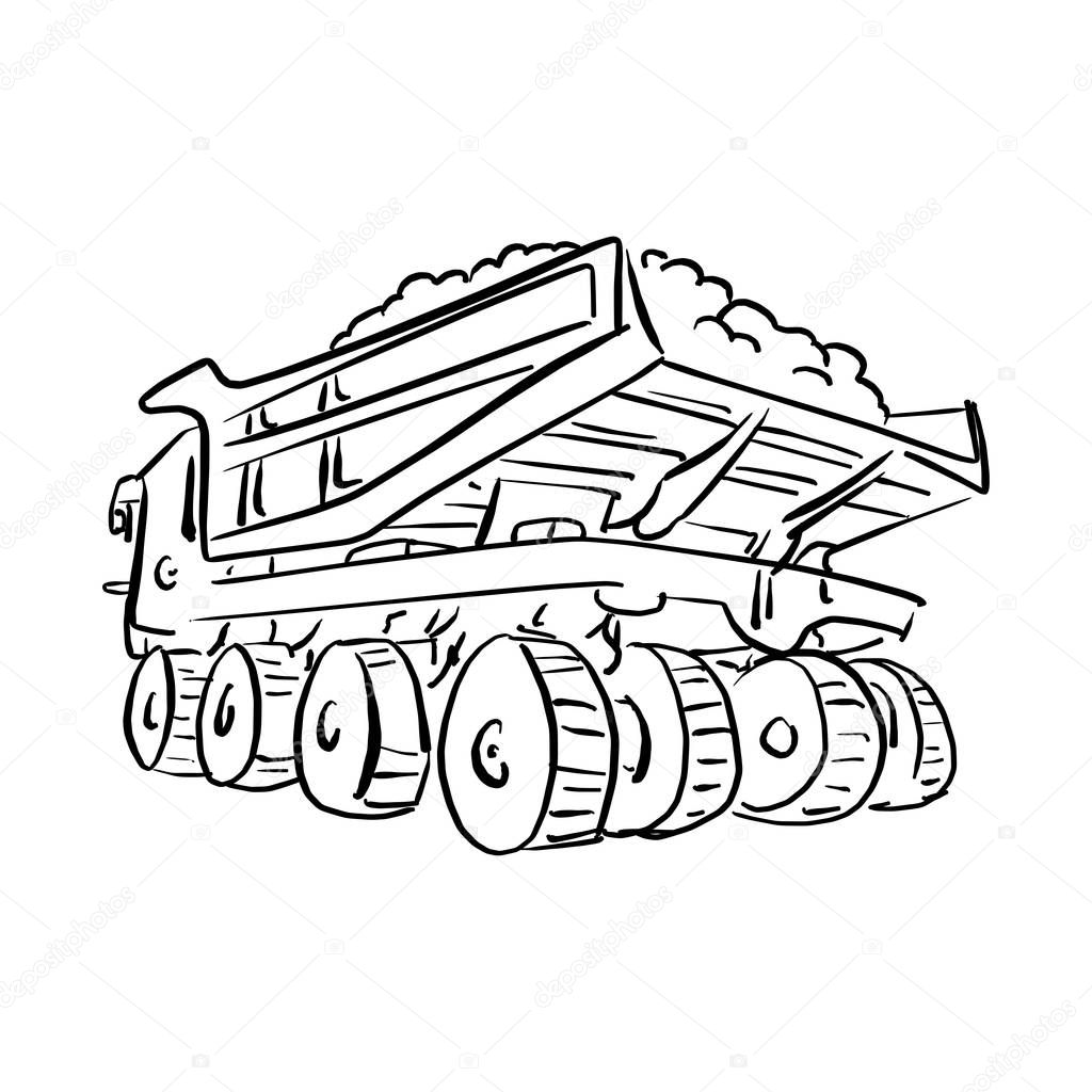 outline doodle loaded big mining truck vector illustration sketch hand drawn with black lines isolated on white background