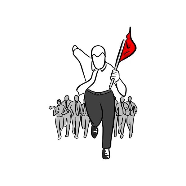 Biznesmen z jego zespołu gospodarstwa czerwony flaga wektor ilustracja szkic ręcznie rysowane z czarne linie na białym tle — Wektor stockowy