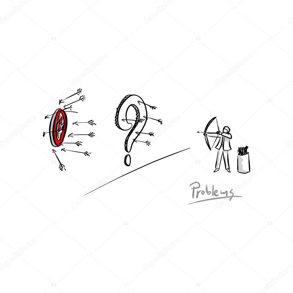 businessman cannot shoot the target because of a big question mark vector illustration sketch hand drawn with black lines isolated on white background. Business concept.