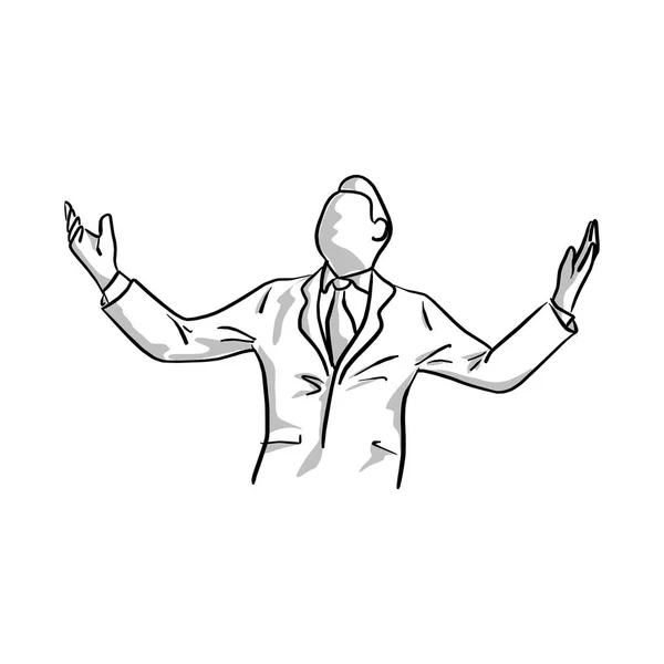 Empresário levantando a mão com felicidade vetor ilustração esboço mão desenhada com linhas pretas isolado no fundo branco — Vetor de Stock