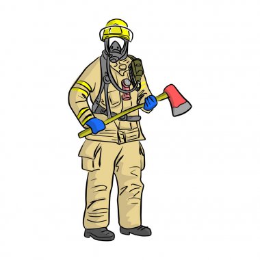 adam elinde beyaz arka plan üzerinde izole siyah çizgilerle çizilmiş itfaiyeci Tekdüzen vektör illüstrasyon kroki