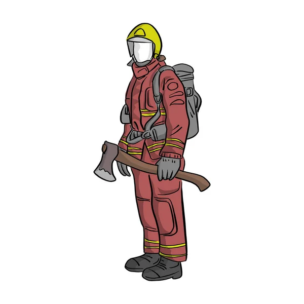消防员站在大斧头矢量插图素描手绘制与黑色线隔离在白色背景上 — 图库矢量图片