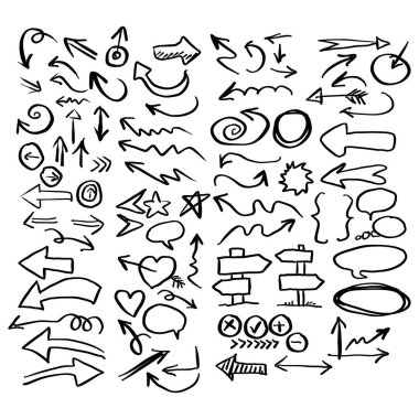 izole beyaz zemin üzerine siyah çizgili ok ve işaretler set vektör illüstrasyon kroki elle çizilmiş doodle