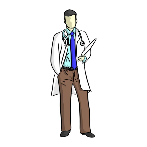 Retrato de un médico con uniforme con documento médico o examen del paciente notas vector ilustración bosquejo mano dibujada con líneas negras aisladas sobre fondo blanco — Vector de stock