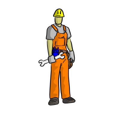 onun sağ eli vektör illüstrasyon kroki elle izole beyaz arka plan üzerinde siyah çizgiler ile çizilmiş Doodle mekanik holding büyük anahtarı
