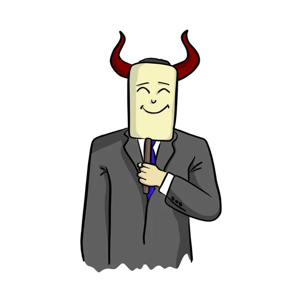 Бизнесмен с рогом дьявола, держащий улыбающуюся маску на векторном рисунке руки, нарисованной черными линиями на белом фоне — стоковый вектор