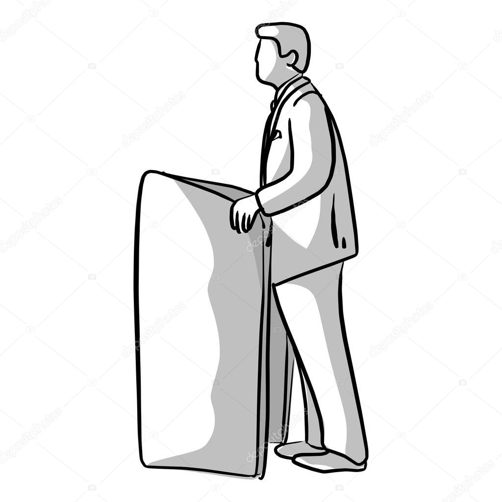 businessman talking on podium vector illustration sketch hand drawn with black lines isolated on white background