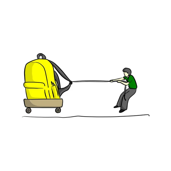 Macho estudiante chico tratando de arrastrar amarillo grande escuela bolso a escuela vector ilustración bosquejo mano dibujado con negro líneas aislado en blanco fondo — Vector de stock