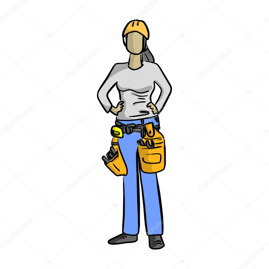 female mechanic or plumber handyman vector illustration sketch hand drawn with black lines isolated on white background