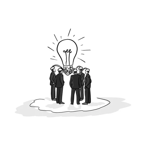 Gente de negocios idea tormenta de ideas vector ilustración boceto dibujado a mano con líneas negras aisladas sobre fondo blanco — Vector de stock