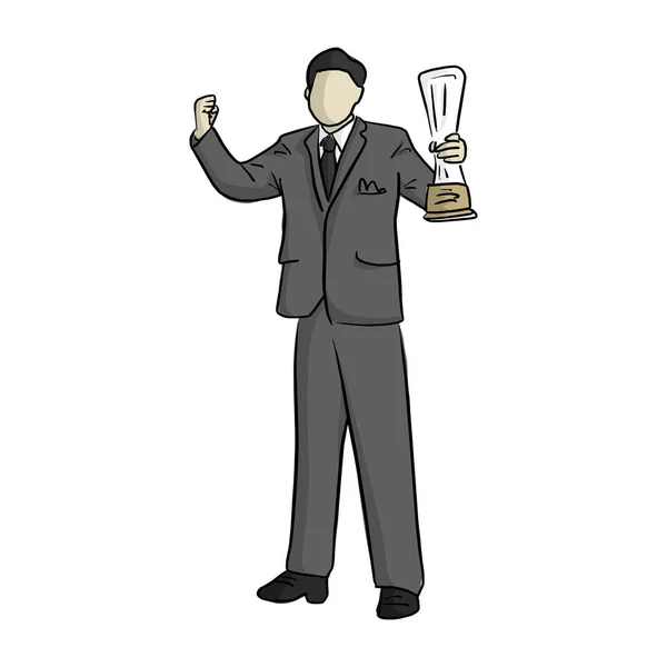 Uomo d'affari alzando il trofeo e un pugno vettore illustrazione schizzo mano doodle disegnato con linee nere isolate su sfondo bianco — Vettoriale Stock